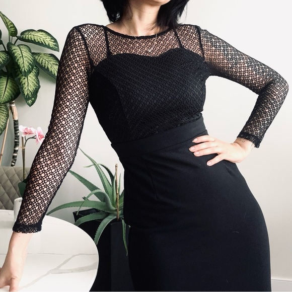 Gothic Mesh Pencil Dress with Long Sleeves in Black - Picture 1 of 10